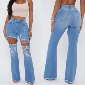 Ripped denim flare jeans